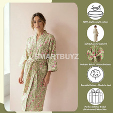 Pink Floral On Beige Background Print Cotton Kimono Dressing Gown