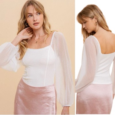 Hem & Thread Boutique White Square Neck Puff Sleeve Sheer Sleeve Boho Top Small