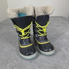 Sorel Youth Kids Size 2 Joan Snow Boots Black Teal Girls Faux Fur Lined