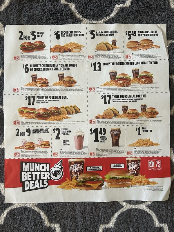 Sheet Of Jack In The Box Coupons Exp 8/3/26