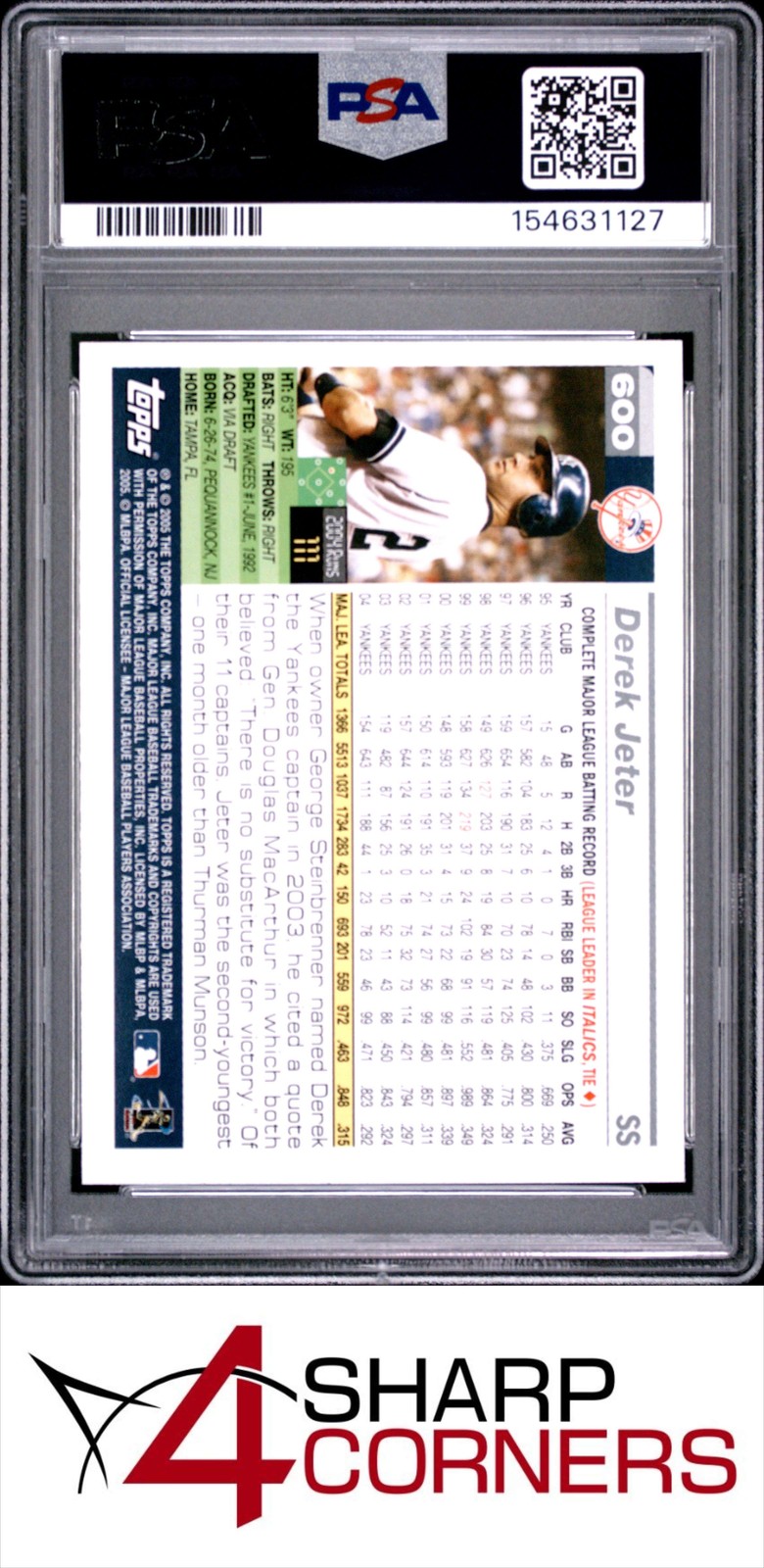 2005 TOPPS #600 DEREK JETER YANKEES HOF PSA 10 view 2