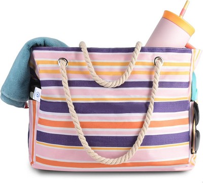 Genteen Beach Bag for Women, Large Waterproof Sandproof Beach Tote with Zipper P