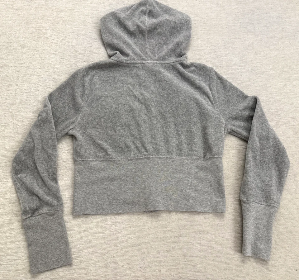 复古 Y2K 2000 年代蓝色时尚灰色裁剪腰丝绒连帽衫 L 大号 — 第 3/4 张图片