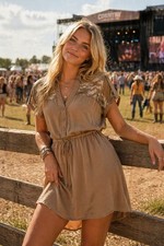 Papaya Tan Unconventional Lace Trim Shirt Dress Boho Festival Mini S Peasant