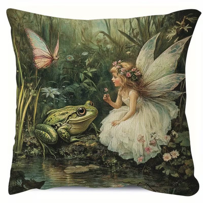 Beautiful Vintage Inspired FAIRY FROG Pond Botanical Floral Pillow Cover  18x18''