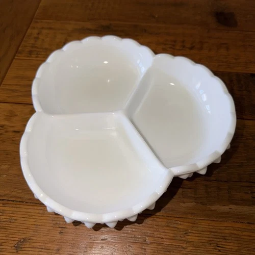 Vintage Fenton Hobnail White Milk Glass Divided Relish Nut Candy Dish
