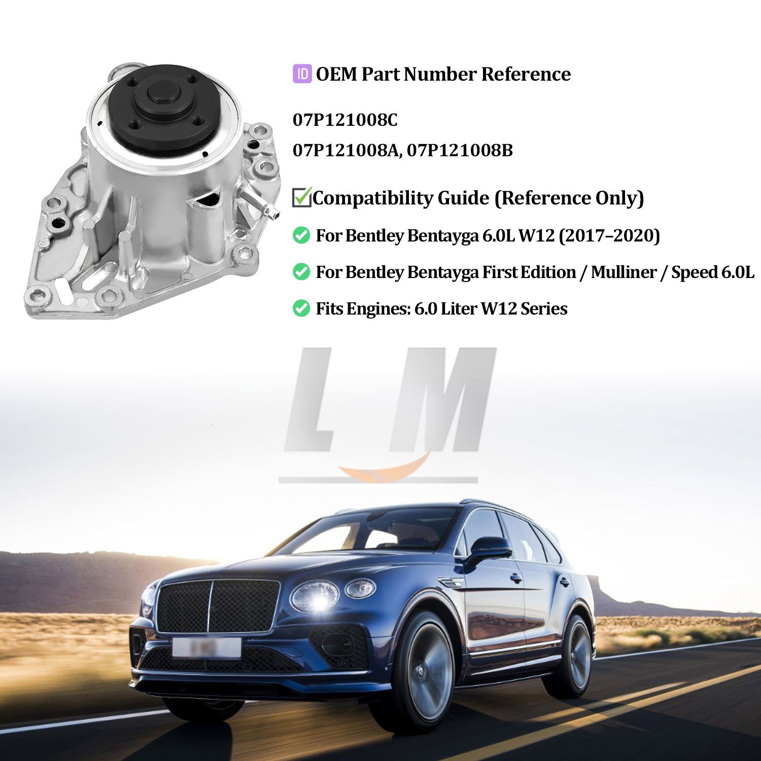 For 2017-2020 Bentley Bentayga 6.0L W12 Coolant Water Pump 07P121008A/B/C NEW