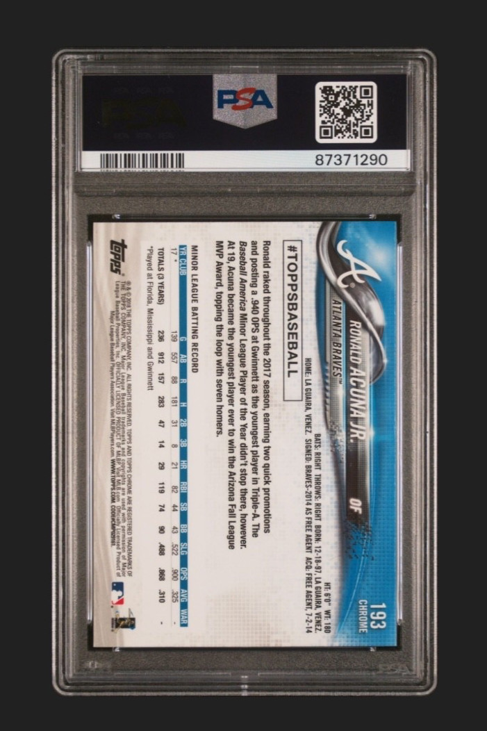 2018 Topps Chrome Ronald Acuña Jr. #193 Rookie Card Braves PSA 10 GEM MT view 2
