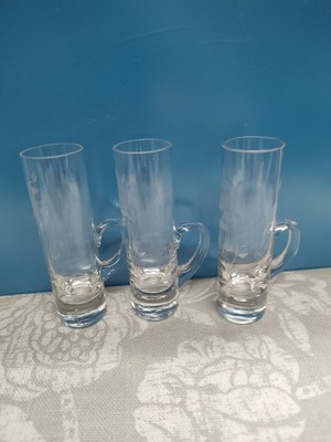 Vintage tall shot glasses set of three with etching and handle