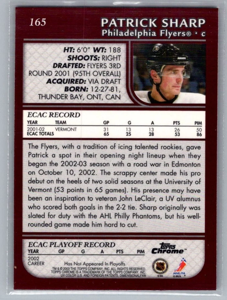 2002-03 Topps Chrome Patrick Sharp Rookie Philadelphia Flyers #165 - Image 2 of 2