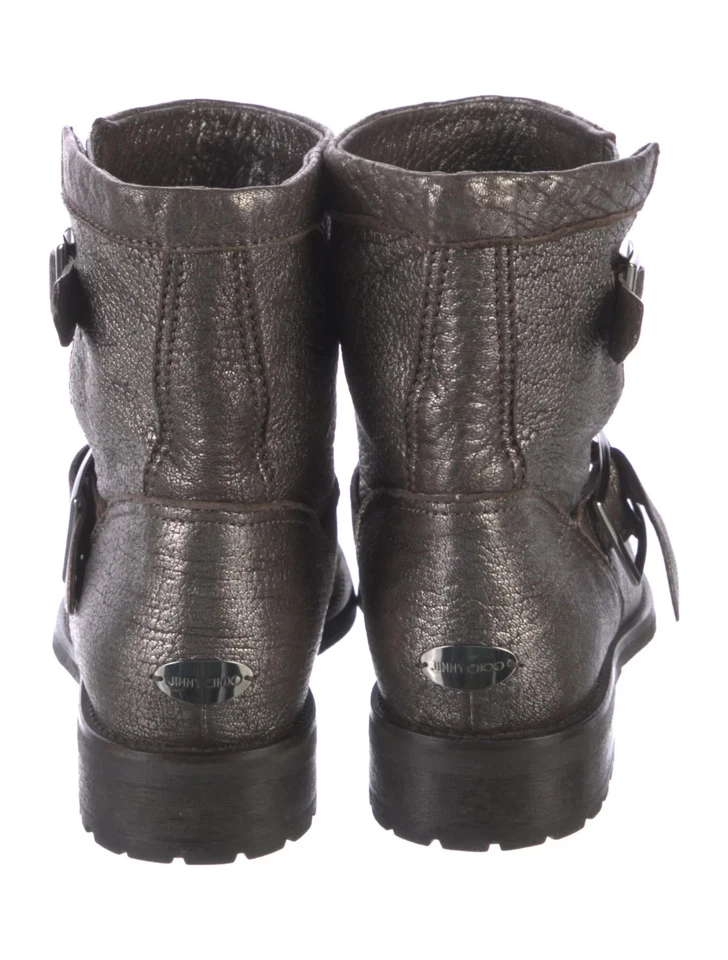 Jimmy Choo 37.5 Mujer Cuero Metálico Moto Botas Hebilla Correa Tobillo Cremallera Plateado Foto 2 de 4
