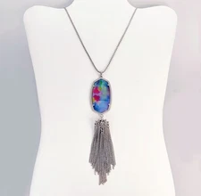 New Kendra Scott Rayne Silver Long Pendant Necklace in Teal Tie Dye