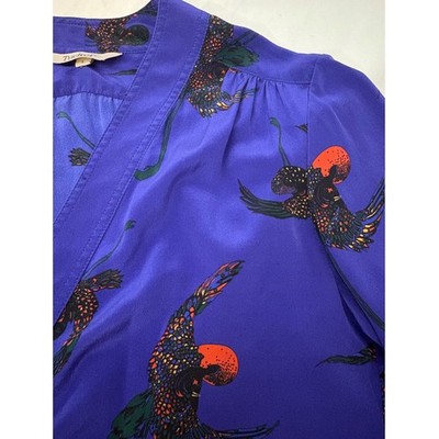 Tucker Brand Made in USA 100% Silk Bird Print V-Neck Midi Dress Tie waist M/L