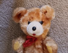 Vtg Teddy Bear Red Bow Tongue Brown 10" Plush Hard Stuffed Bear Red Felt Tongue