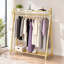Freestanding Industrial Gold Clothes Rack with Double Shelves, Heavy Duty Mov...