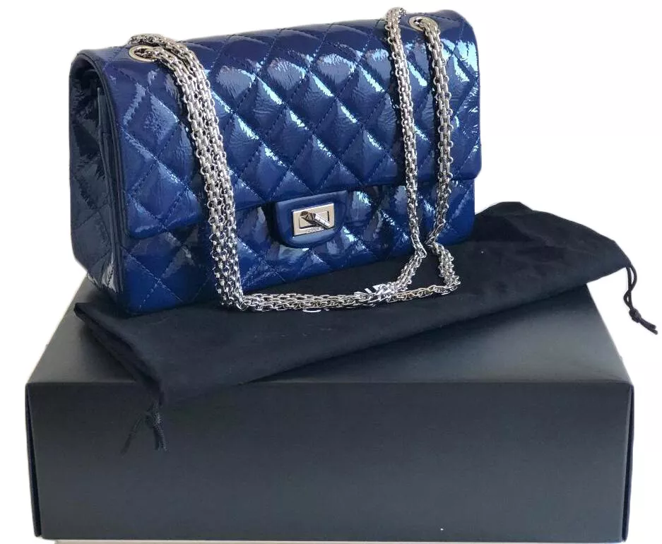 Chanel Metallic Blue Quilted Patent Jumbo Classic Double Flap Ruthenium Hardware, 2012-2013 (Very Good), Womens Handbag