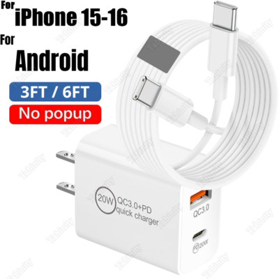 For iPhone 16 15 iPad Pro Samsung Type C Fast Charger USB C Cable PD 20W Adapter