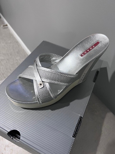 Prada Women Wedge Shoes, Sandals, Platform Slide, Silver /White