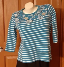 Kim Rogers Petite Tee Scoop Neck Bracelet Sleeves Blue Stripe Misses PM