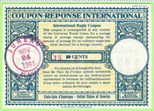 USA IRC International Reply Coupon 13 Cents Revalued to 15 Cents, Nov 24 1961