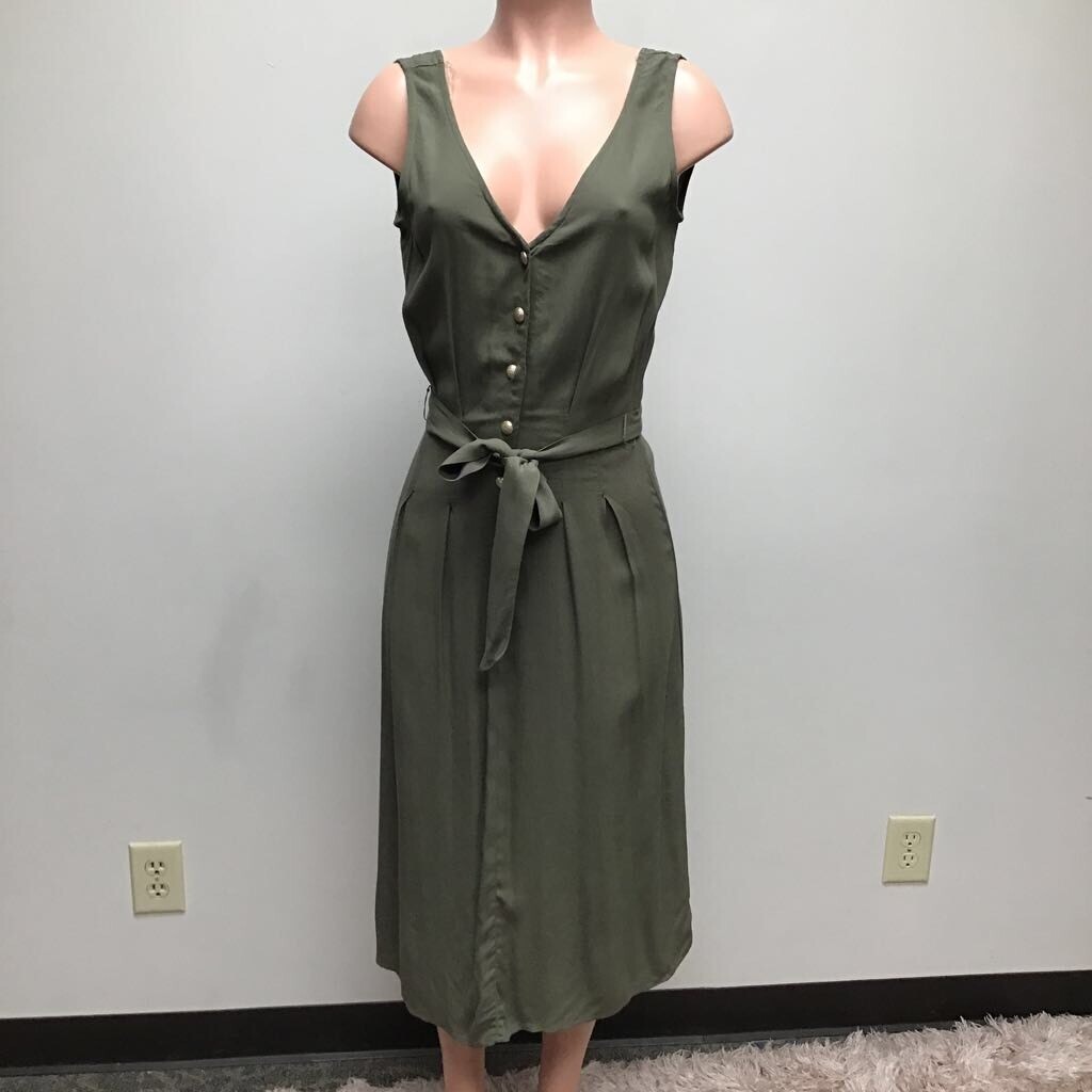 FILA Row A Womens Button Front A Line Dress Green Belted V Neck Pleated XS New