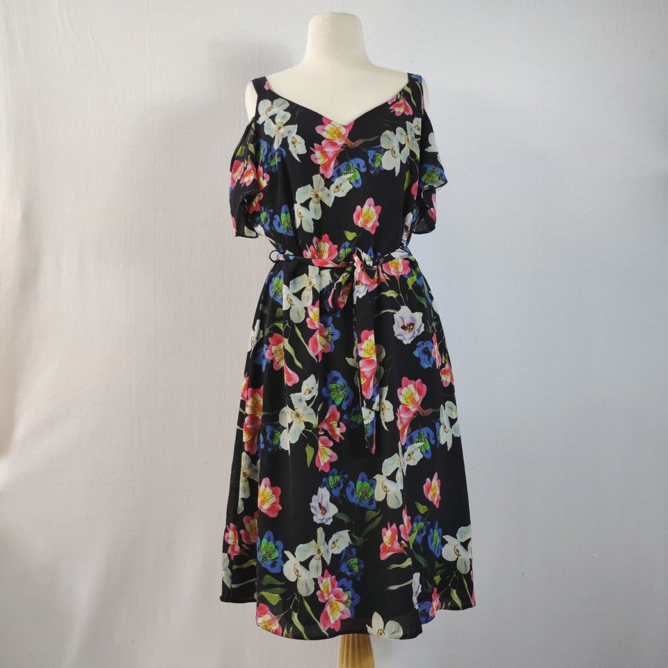 Wallis Women Size 14 Black Floral A Line Tie Belt Cold Shoulder Midi Boho Dress
