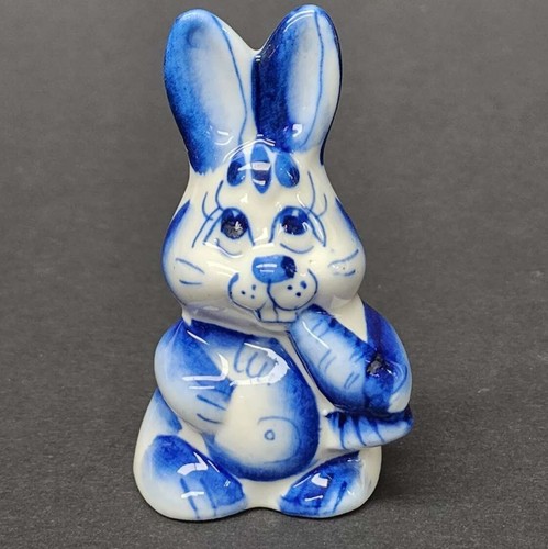 Gzhel White & Blue Rabbit Vintage Unique Collectible Ceramic Figurine, 3"-H - Picture 2 of 3