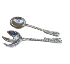 Vintage Salad Server Set Cast Aluminum Fork Spoon Twist Rope Handle Mexico 11”