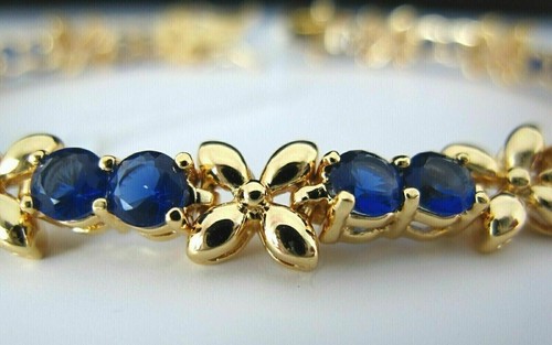 10Ct Blue Sapphire Tennis Bracelet Round Cut Lab Created 14K Yellow Gold Plated - Picture 6 of 9