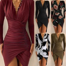 Autumn and Winter Fashion Long-sleeved V-neck Printed Tight-Fitting Slit Dress