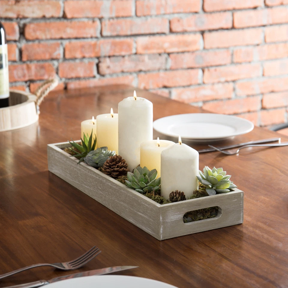 MyGift 17-Inch Rustic Wood Decorative Serving Trays with Cutout Handles Set of 2 - Image 2 of 4