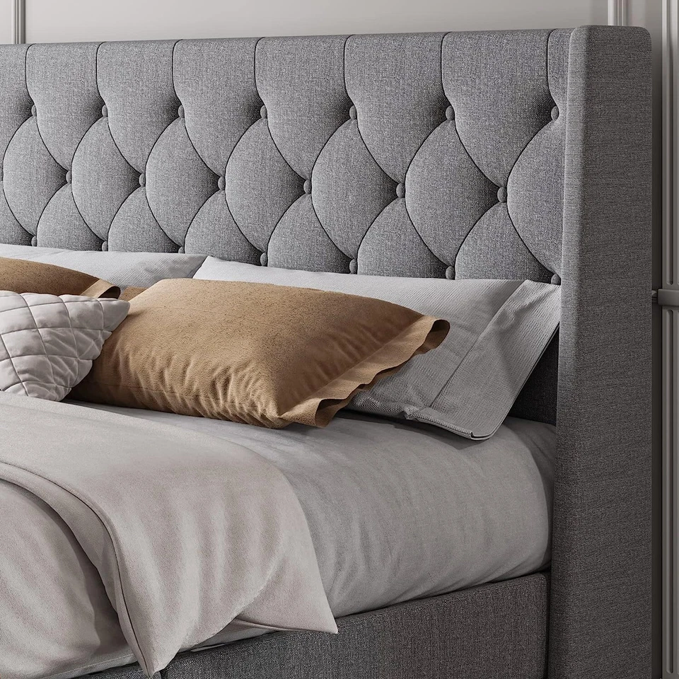 Queen Size Platform Bed Frame with Upholstered Headboard and Wingback,Light Grey - Image 4 of 4