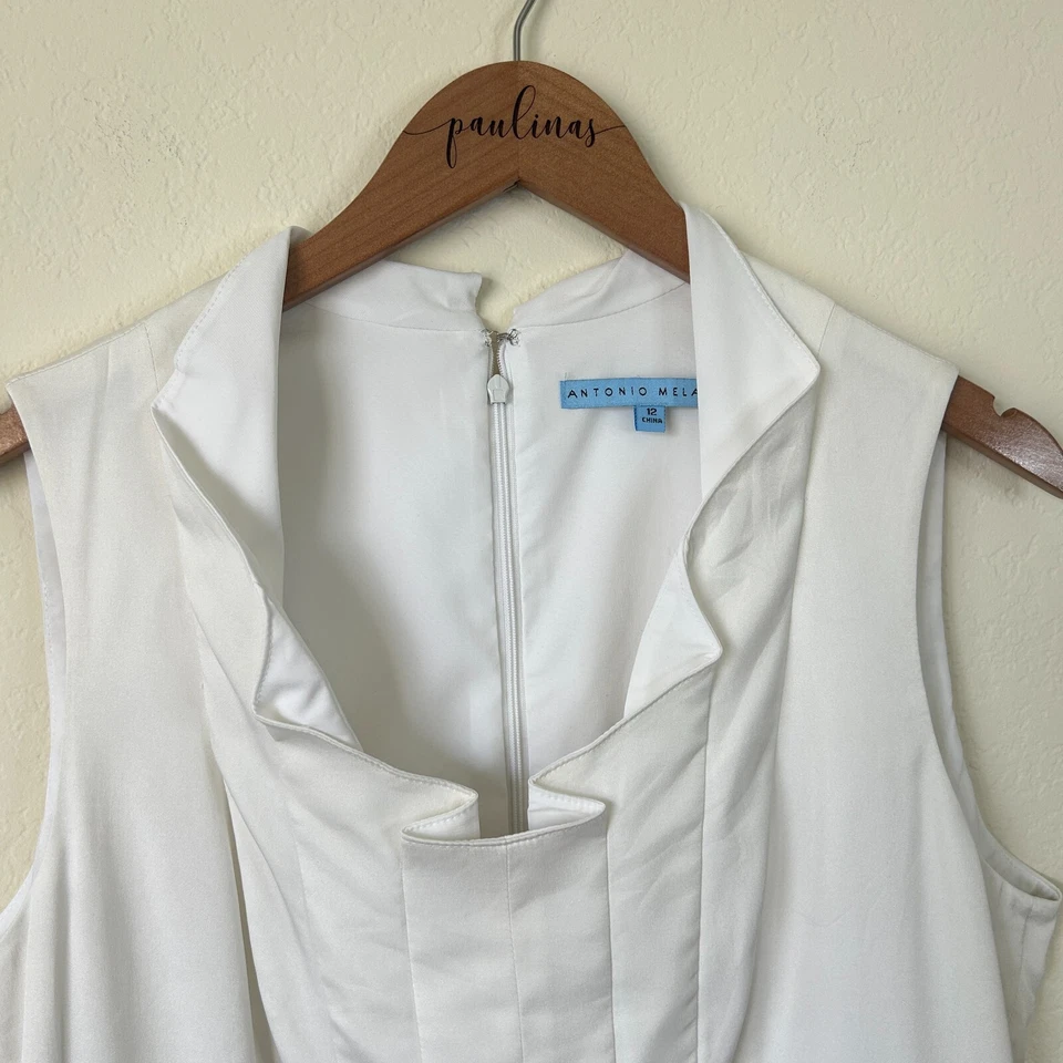 Antonio Melani Dress Womens 12 White Navy Vanya Ruffle Silk Career Sheath - Image 3 of 4