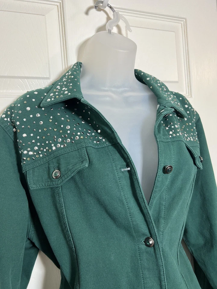 Green Large Jeweled Sequined Country Western Concert Denim Style Jacket - Image 4 of 4