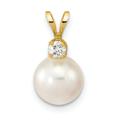 14K Gelbgold 8-9mm Runde Weiße Salzwasser Akoya Zuchtperlen Diamant Anhänger