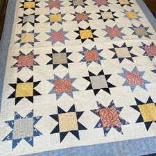 Hand-Made Machine-Quilted Queen Size Blue Yellow Stars 77 x92 NEW