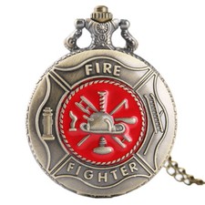 Bronze Retro Fire Fighter Women Men Quartz Pocket Watches Necklace Chain Gift