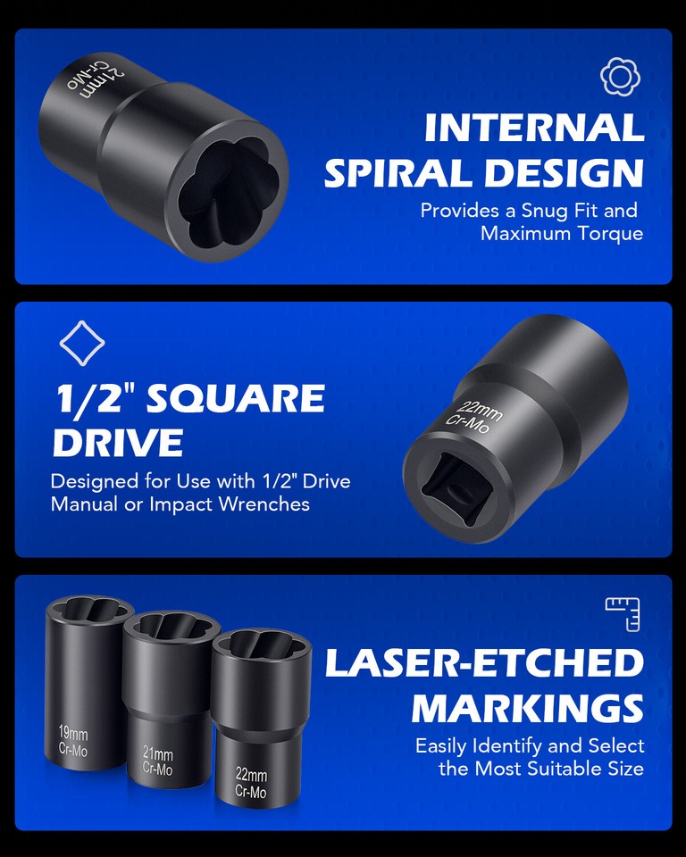 5Pc Wheel Lug Nut Remover Drive Twist Socket Kit Remove Damaged Locked