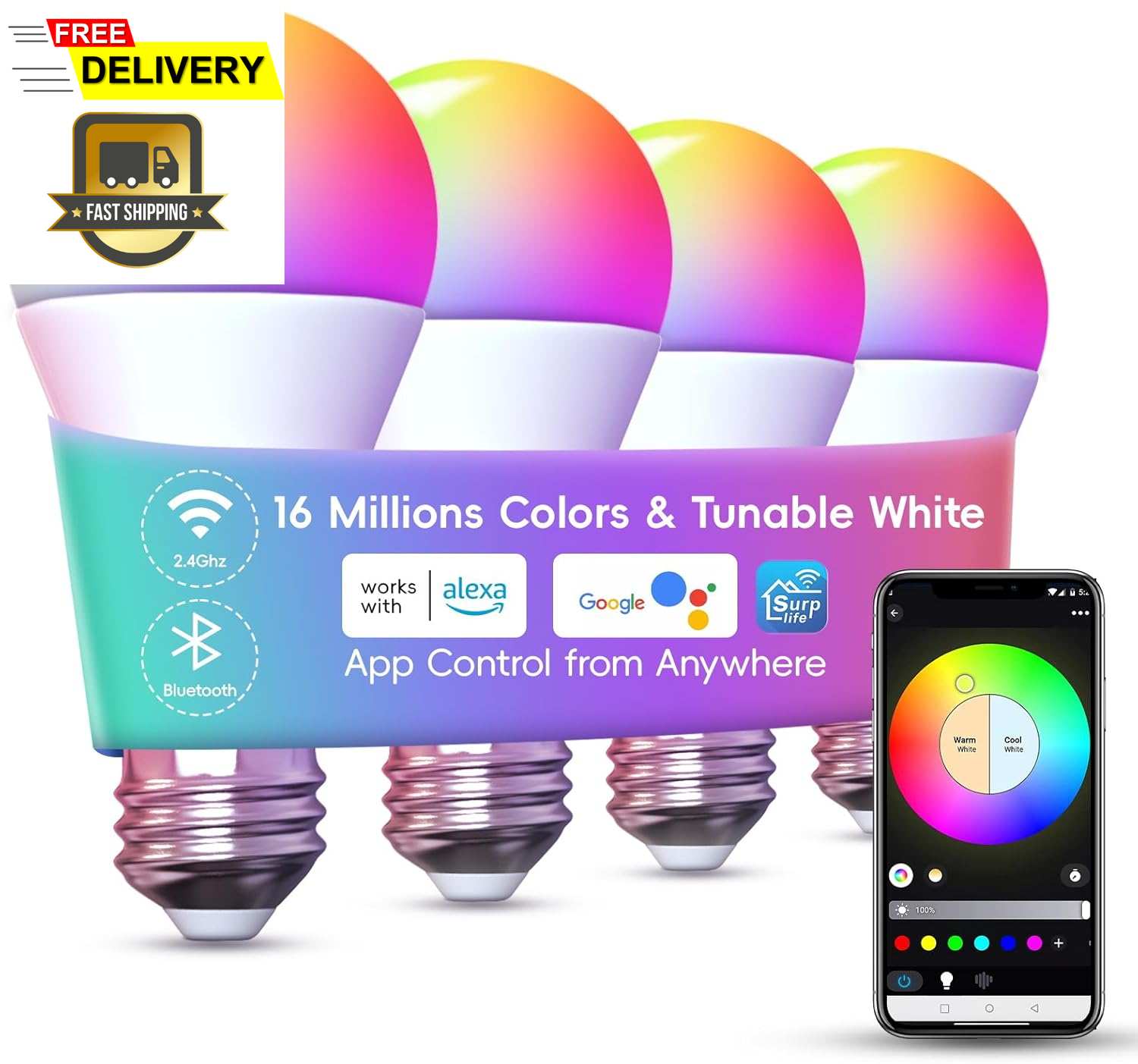 Color Changing Light Bulb App Control, 2.4Ghz Wifi and Bluetooth Smart Light Bul