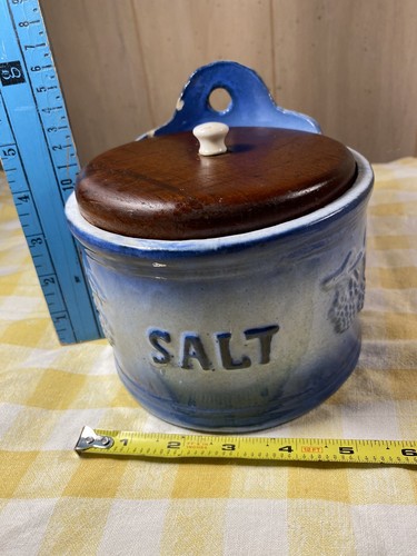 Stoneware primitive Wall Salt Crock Country blue&white 5.75” G26 - Picture 20 of 20