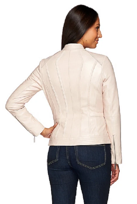 G.I.L.I. Chaqueta de cuero frontal con cremallera con detalle de costura, tiza, talla 2, precio de venta sugerido por el fabricante $303 Foto 3 de 4