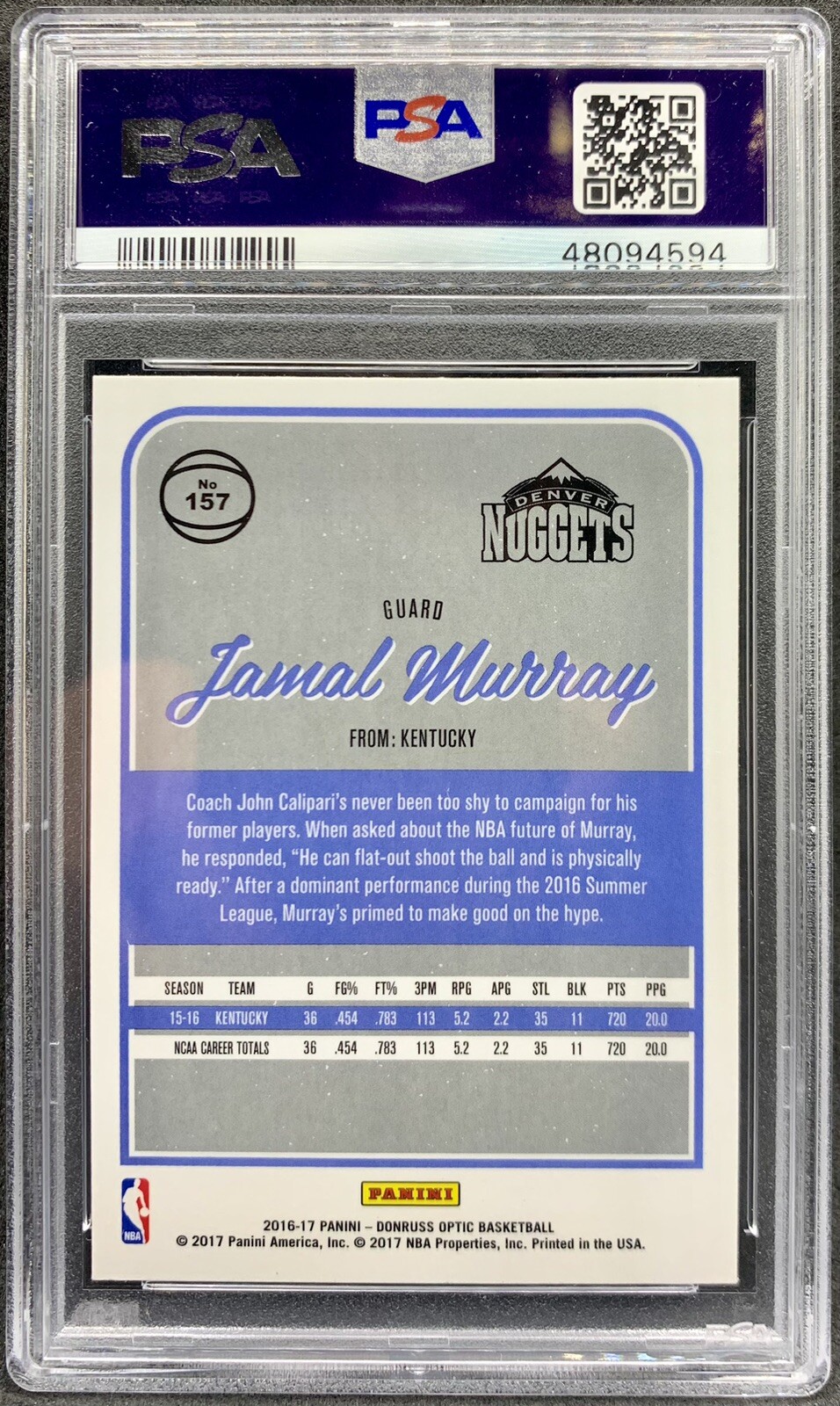 2016 Donruss Optic JAMAL MURRAY 157 Rookie Card RC Denver Nuggets PSA 