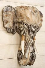 Wooden Whitewashed Hand Carved Elephant Wall Bust Sculpture Hanging Decor Statue