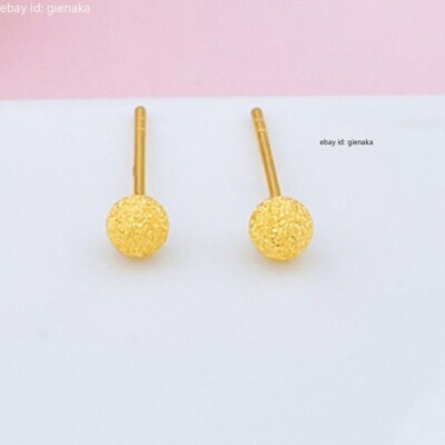 Real Pure 999 24K Yellow Gold Lucky Frosted Bead Women Stud Earrings 0.89-0.99g