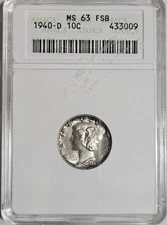 1940-D Mercury Dime In Old ANACS SOAPBOX MS63 FSB - Black Rim Toning 