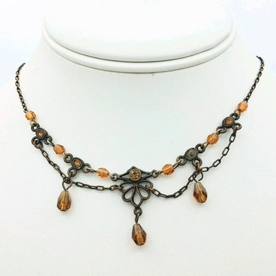 Robert Rose Victorian Style Necklace Amber Rhinestone Crystal Drops 14''+2.5''