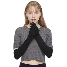 Flammi Women Knit Long Gloves Touchscreen Wool Blended Arm Warmers with Black