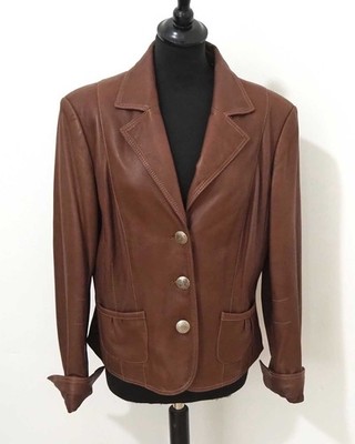 BIBA Damen Lamm Lederjacke Gr. 44 Braun Nappaleder Figurbetont Vintage Blazer