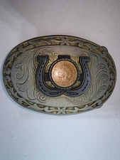 Vintage Usa Made Belt Buckle With Horse Shoes And 1900 Indian Head Penny 
