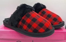 Corkys Faux Fur Slippers Womens Red Buffalo Plaid Fuzzy Slip On Holiday sz 8